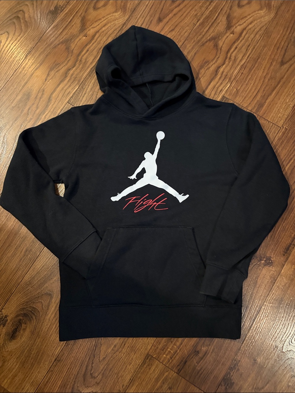 Kids Jordan Black Hoodie with White Jumpman and Red 'Flight' Script